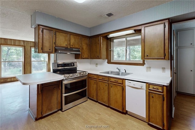 kitchen with kitchen peninsula, white dishwasher, sink, plenty of natural light, and stainless steel electric range