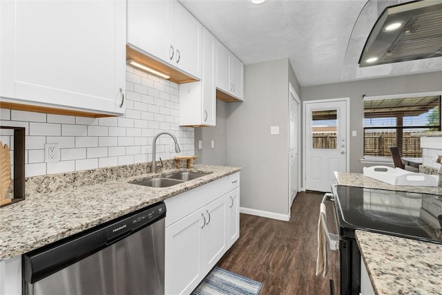 kitchen with range with electric cooktop, dark wood-type flooring, sink, dishwasher, and white cabinetry