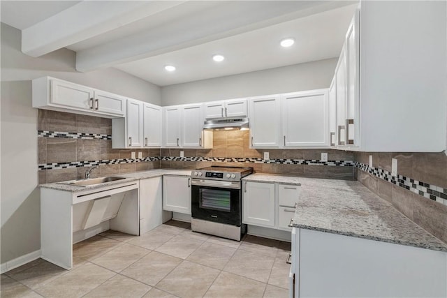 615 San Jacinto Ln, Bryan, TX 77803 - kitchen with stainless steel range with electric cooktop, under cabinet range hood, tasteful backsplash, light stone counters, and white cabinets