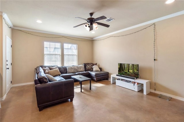 living room with crown molding, ceiling fan, and concrete flooring