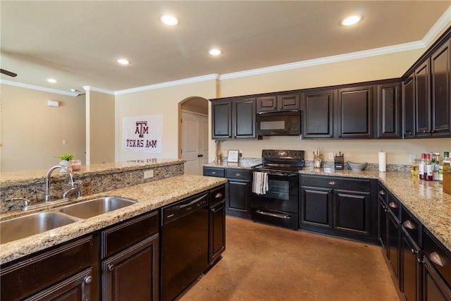 kitchen featuring sink, light stone counters, dark brown cabinetry, ornamental molding, and black appliances