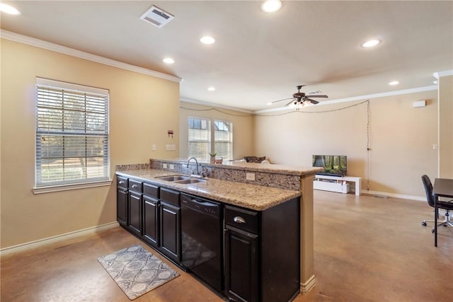 kitchen featuring ornamental molding, black dishwasher, sink, and kitchen peninsula