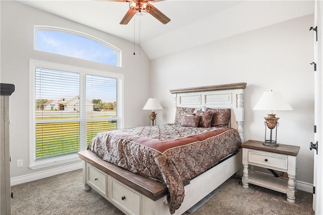 carpeted bedroom featuring ceiling fan and lofted ceiling