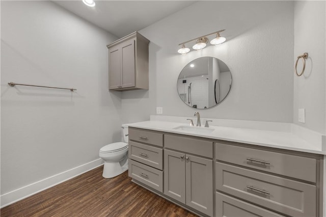 bathroom with wood-type flooring, toilet, and vanity