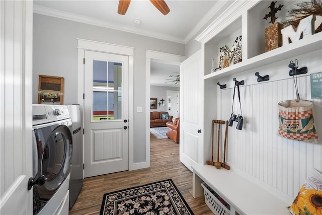 3785 County Road 405, Anderson, TX 77830 - laundry room featuring a ceiling fan, dark wood-type flooring, crown molding, and washer and dryer