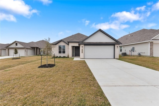 ranch-style home with central air condition unit, a front lawn, and a garage