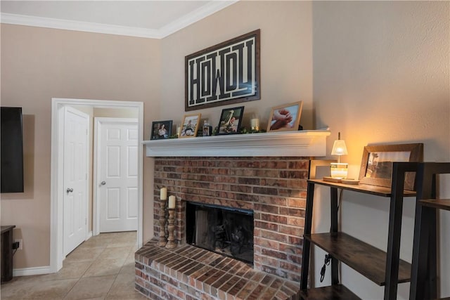 tiled living area featuring a brick fireplace, crown molding, and baseboards