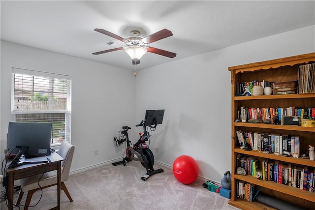 office featuring carpet, ceiling fan, and baseboards