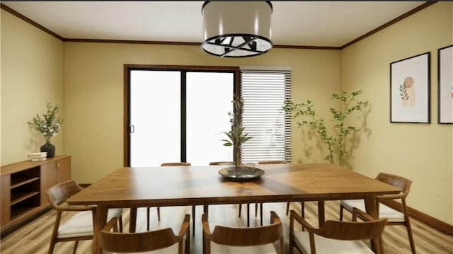 dining room featuring baseboards, light wood-style flooring, and ornamental molding