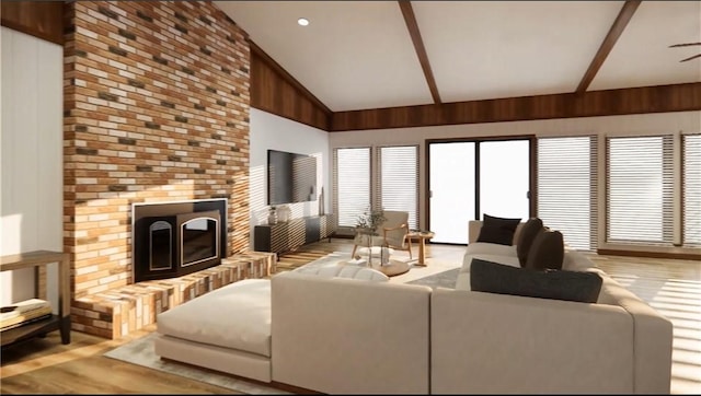 living room featuring wooden walls, high vaulted ceiling, light wood-style flooring, ceiling fan, and a brick fireplace