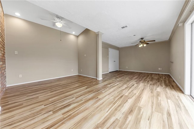 unfurnished living room featuring visible vents, a ceiling fan, light wood-type flooring, and baseboards