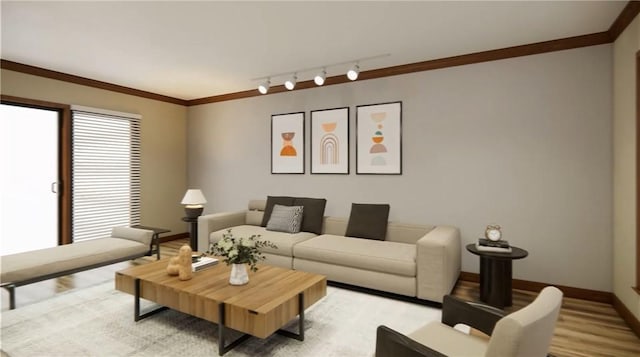 living area with baseboards, light wood-style floors, ornamental molding, and track lighting