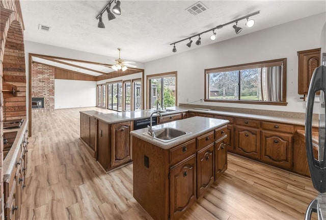 kitchen with visible vents, lofted ceiling, light wood-style floors, and a center island with sink