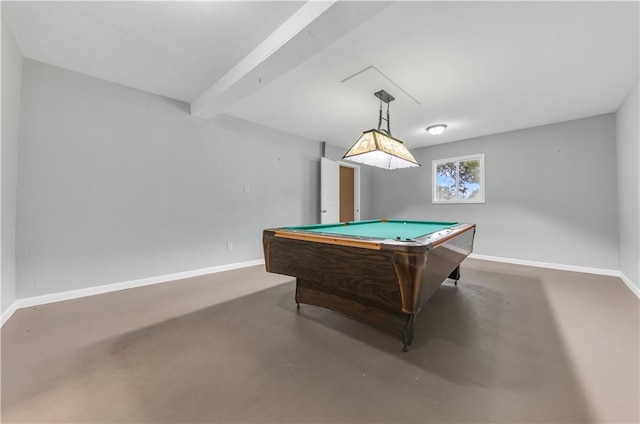 game room featuring beamed ceiling, baseboards, concrete floors, and billiards