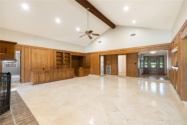 2629 Benton Dr, Brenham, TX 77833 - unfurnished living room with ceiling fan, high vaulted ceiling, beamed ceiling, light marble finish flooring, and recessed lighting