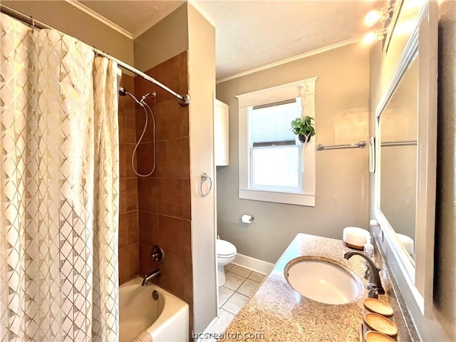 708 E 27th St E, Bryan, TX 77803 - full bathroom with tile patterned floors, toilet, shower / bath combo with shower curtain, and ornamental molding