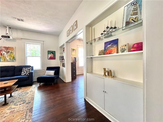 interior space featuring dark hardwood / wood-style flooring and a textured ceiling