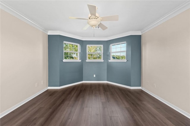 spare room featuring ceiling fan, dark hardwood / wood-style floors, and ornamental molding