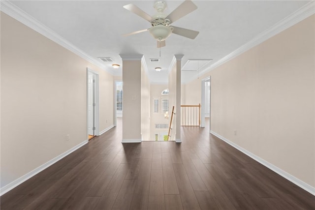 5115 Bellerive Bend Dr, College Station, TX 77845 - unfurnished living room featuring attic access, a ceiling fan, dark wood-type flooring, baseboards, and crown molding