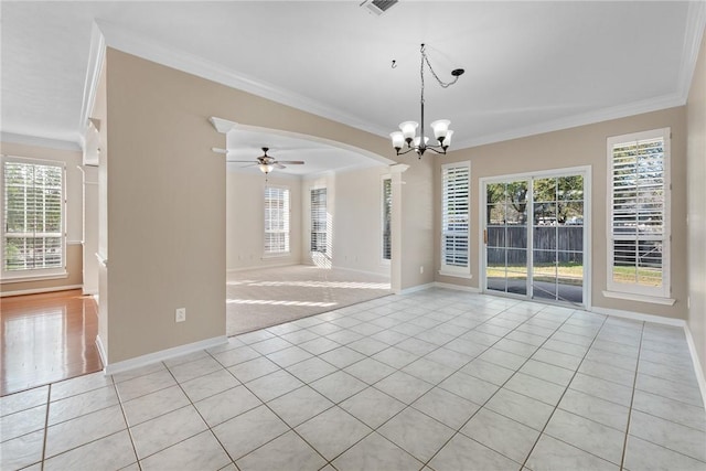 5115 Bellerive Bend Dr, College Station, TX 77845 - empty room with a chandelier, crown molding, a ceiling fan, plenty of natural light, and light tile patterned flooring