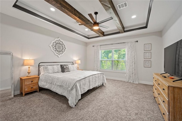 2987 Archer Dr, Bryan, TX 77808 - bedroom featuring carpet, baseboards, beam ceiling, recessed lighting, and a ceiling fan