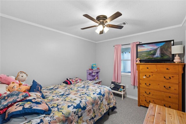 bedroom with light carpet, ceiling fan, and ornamental molding