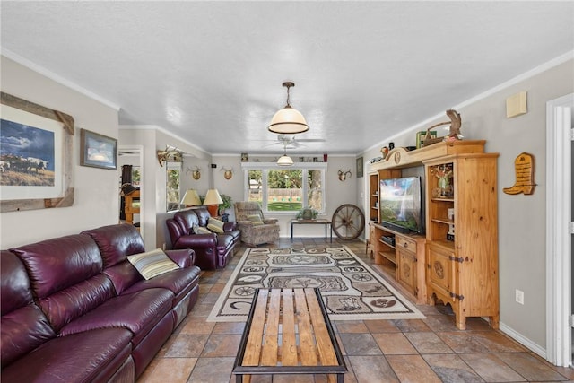 living room with ornamental molding