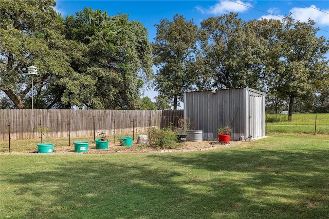 view of yard featuring a storage shed