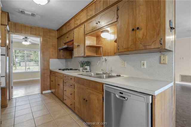 kitchen with backsplash, white appliances, ceiling fan, sink, and light tile patterned floors