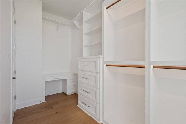 spacious closet with built in desk and light wood-type flooring