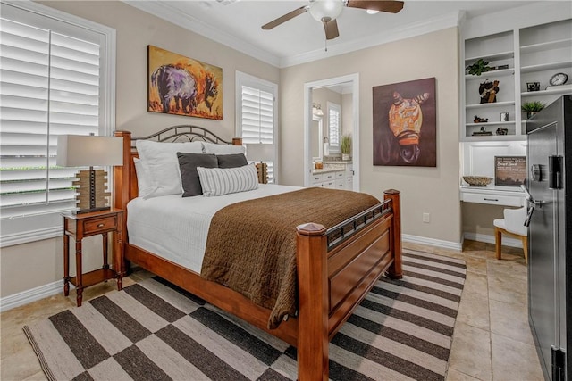 4920 Whistling Straits Loop, College Station, TX 77845 - bedroom with ornamental molding, light tile patterned flooring, ceiling fan, ensuite bath, and stainless steel fridge