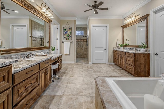 4920 Whistling Straits Loop, College Station, TX 77845 - full bath featuring ceiling fan, two vanities, a garden tub, walk in shower, and ornamental molding