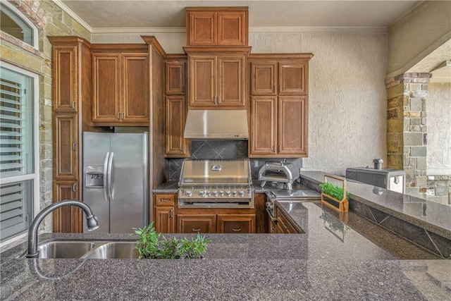 4920 Whistling Straits Loop, College Station, TX 77845 - kitchen with stainless steel fridge with ice dispenser, ventilation hood, crown molding, dark stone countertops, and backsplash
