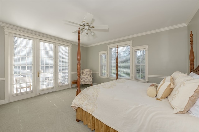 bedroom featuring light carpet, access to outside, ornamental molding, and a ceiling fan