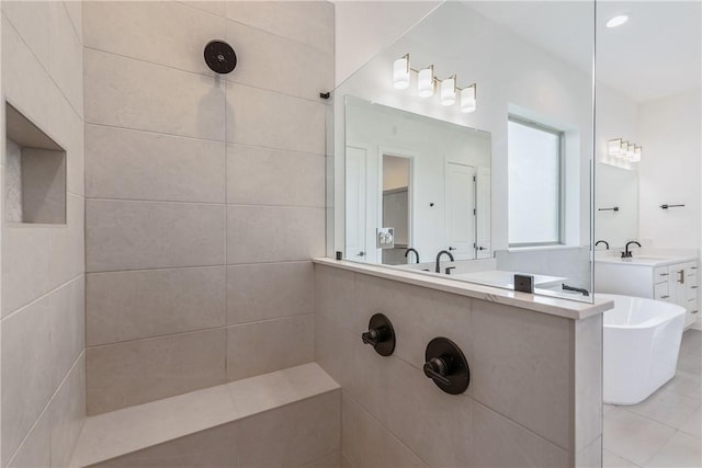 bathroom with vanity and plus walk in shower