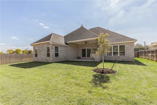 back of house with a patio area, ceiling fan, and a yard