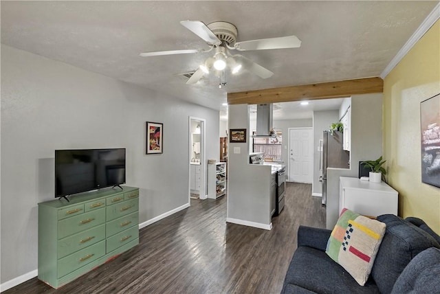 living area featuring ornamental molding, dark wood-type flooring, a ceiling fan, and baseboards