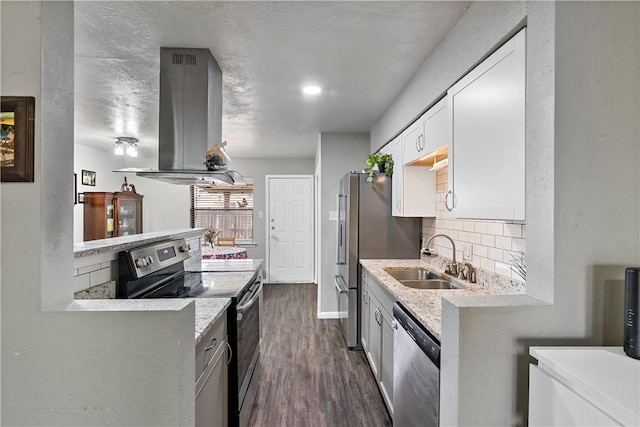 kitchen featuring stainless steel appliances, a sink, backsplash, dark wood-style floors, and island exhaust hood