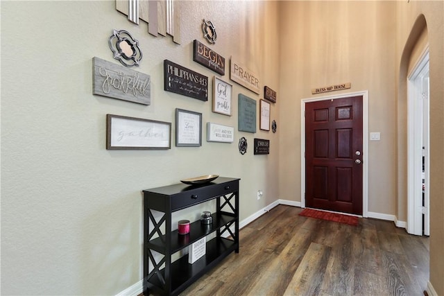 13423 Ashley Acres Ln, Cypress, TX 77429 - entryway featuring dark wood finished floors, baseboards, and arched walkways