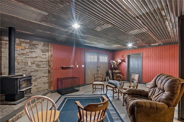 interior space featuring a wood stove