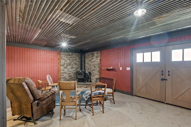 interior space with a wood stove