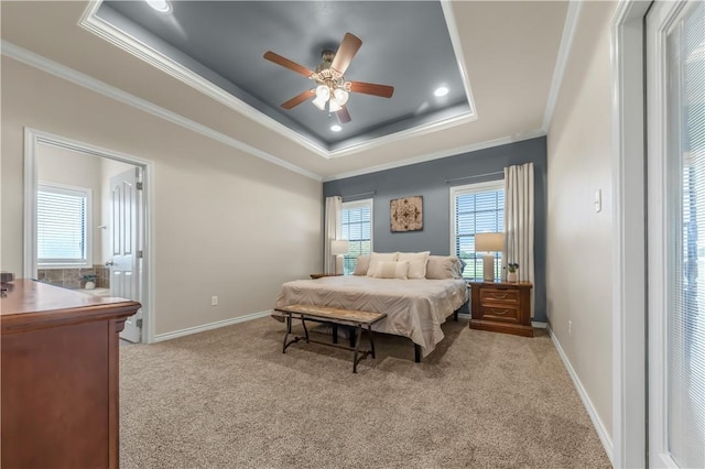 6997 Shirley Rd, Bryan, TX 77808 - bedroom featuring a tray ceiling, ornamental molding, light colored carpet, a ceiling fan, and recessed lighting