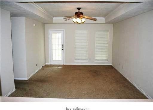 unfurnished room with baseboards, a raised ceiling, carpet, and a ceiling fan