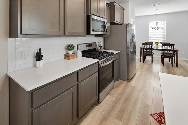 kitchen with light hardwood / wood-style flooring, pendant lighting, stainless steel appliances, dark brown cabinetry, and tasteful backsplash