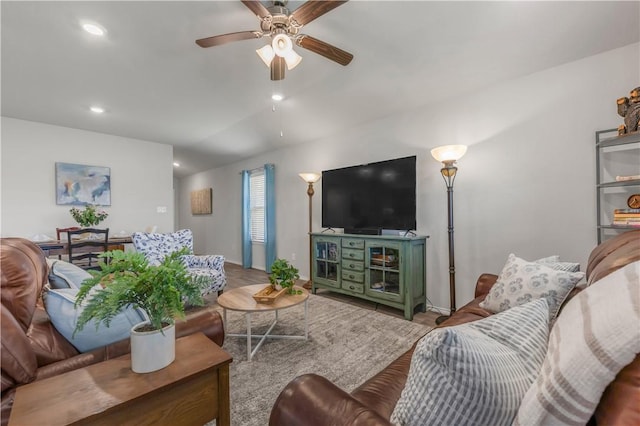 2412 Divot Ln, Navasota, TX 77868 - living room with a ceiling fan, lofted ceiling, baseboards, and recessed lighting