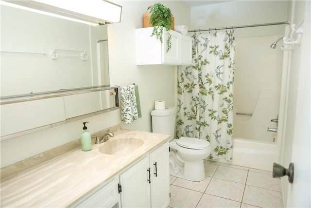 full bathroom featuring toilet, tile patterned flooring, shower / bathtub combination with curtain, and vanity