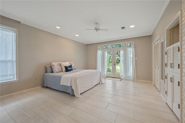 bedroom featuring access to exterior, multiple closets, ceiling fan, french doors, and ornamental molding