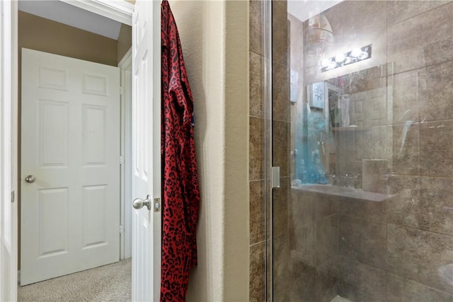 bathroom with a shower with shower door