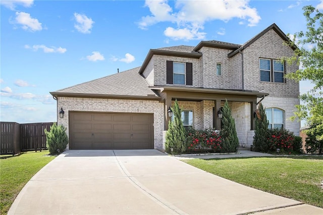 view of front of house with concrete driveway, an attached garage, fence, a front lawn, and brick siding