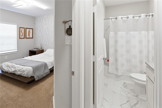 bedroom featuring marble finish floor